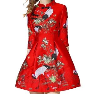 Crane Embroidery A Line Dress